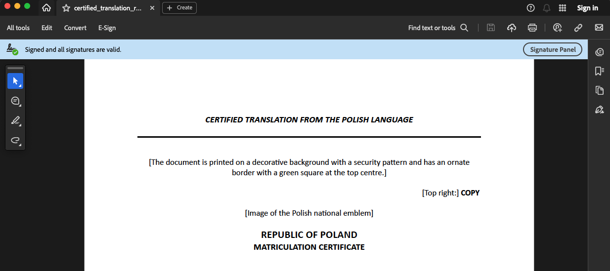 Prawidłowy podpis elektroniczny wyświetlony w Adobe Acrobat dla tłumaczenia poświadczonego